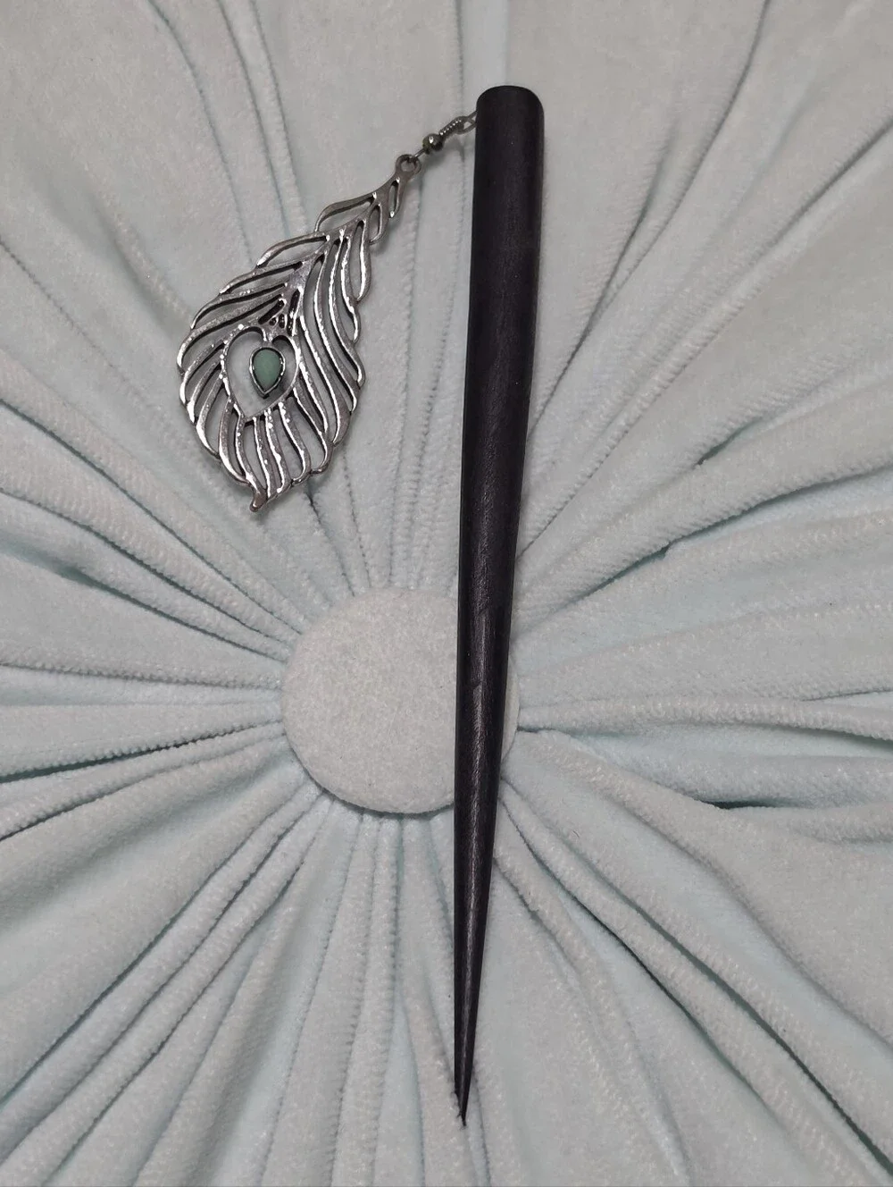 Peacock Feather Hair Stick with Turquoise Accent - Black